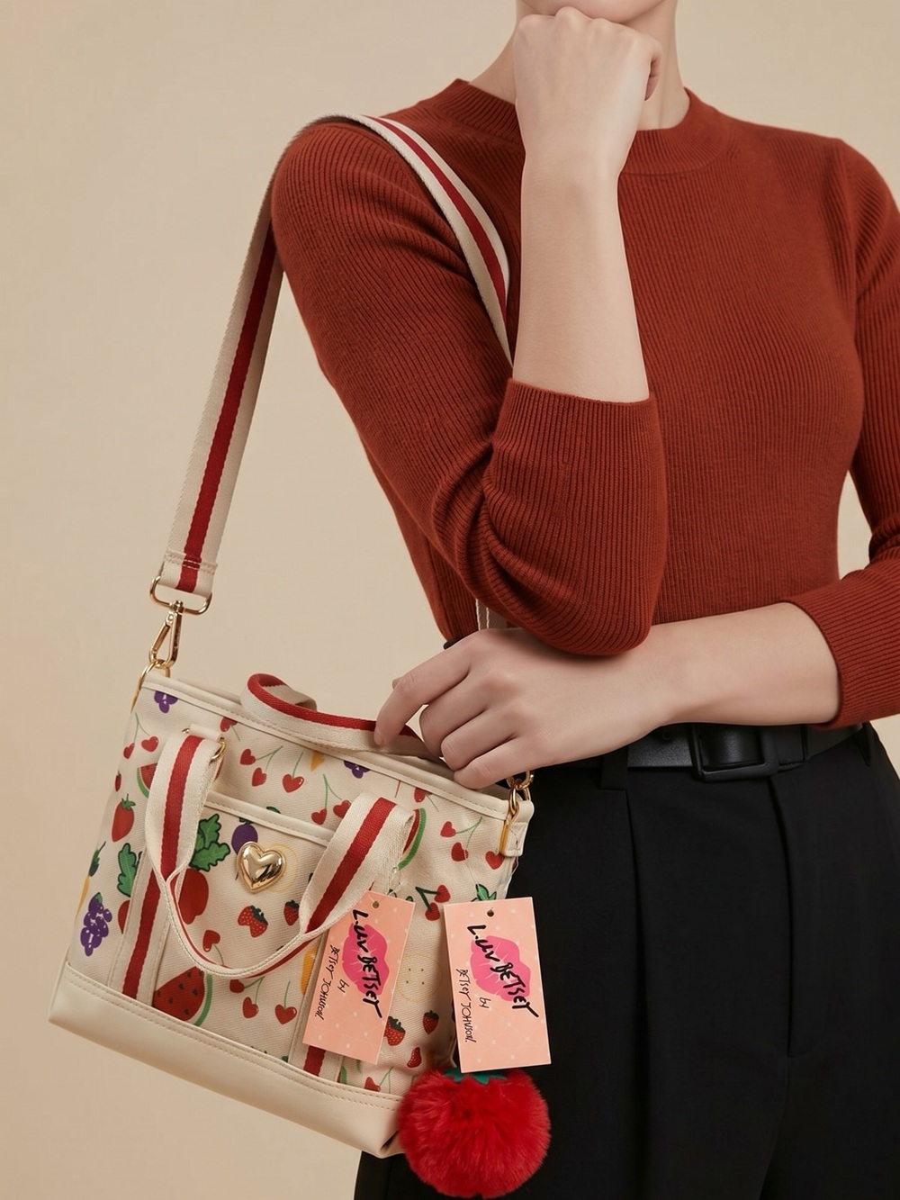 Cream Fruit-Print Tote Bag with Red Pom Charm